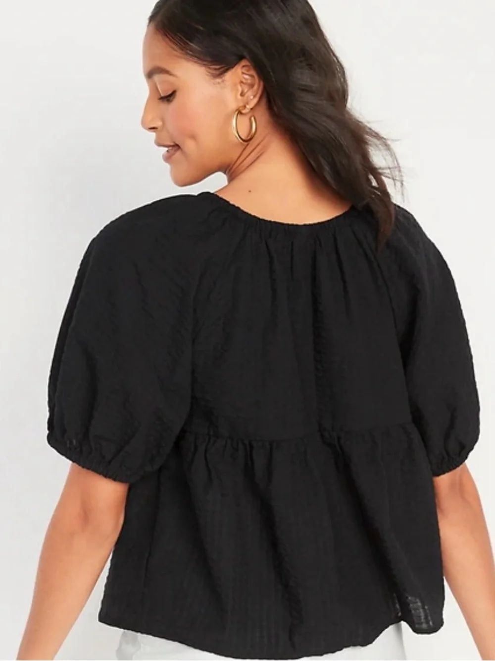 Old Navy Puff-Sleeve Seersucker Babydoll Swing Blouse BLACK - Medium